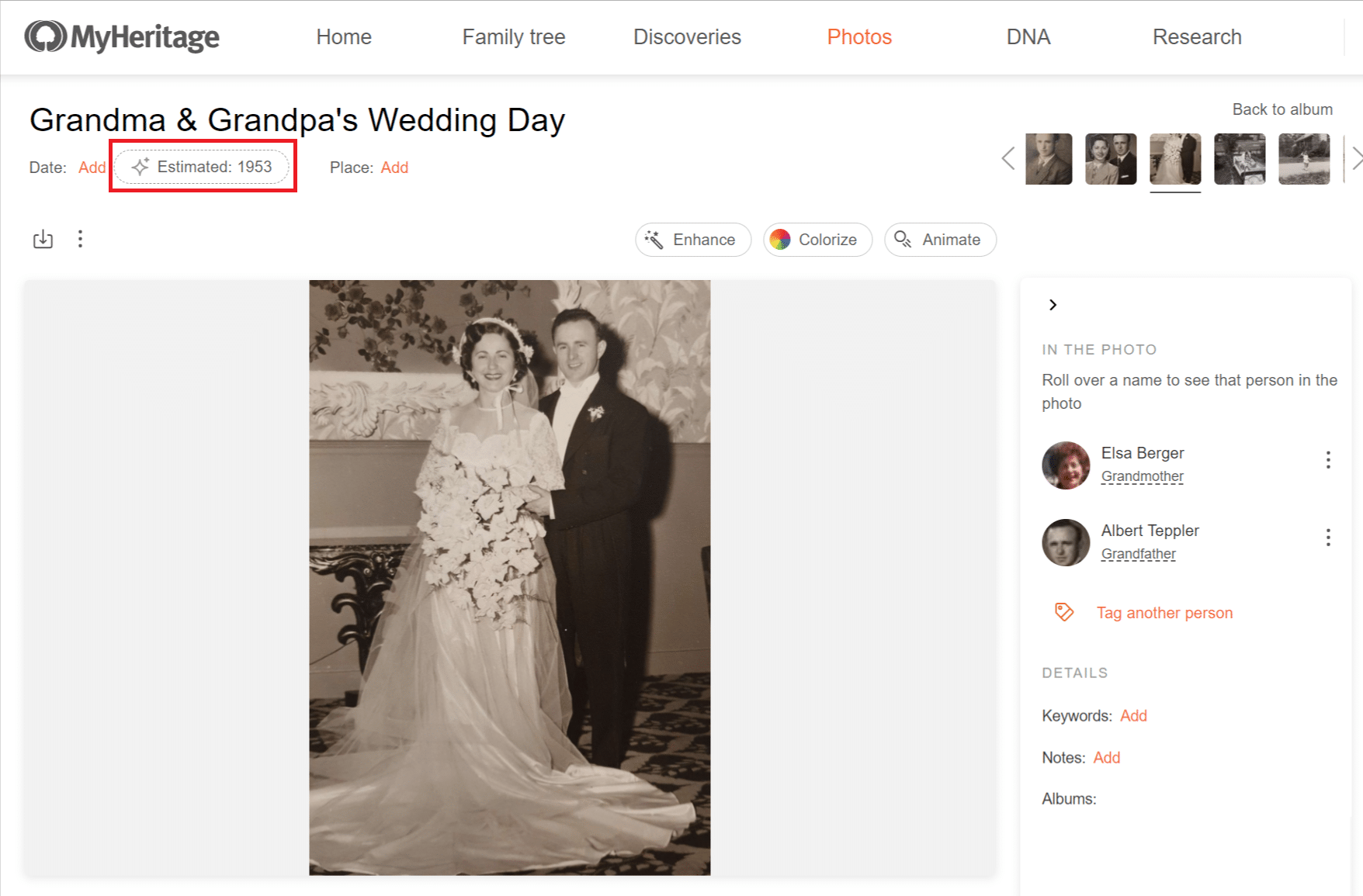 Photo Page: Date estimates will automatically appear for undated photos, as marked in red