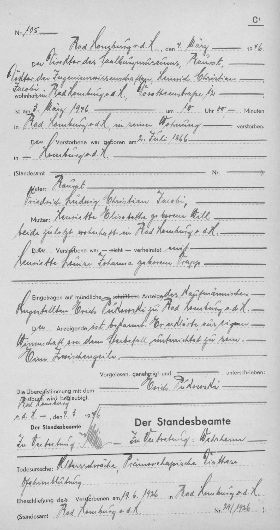 Death record of Heinrich Christian Jacobi [Credit: MyHeritage Germany, Hesse, Deaths]