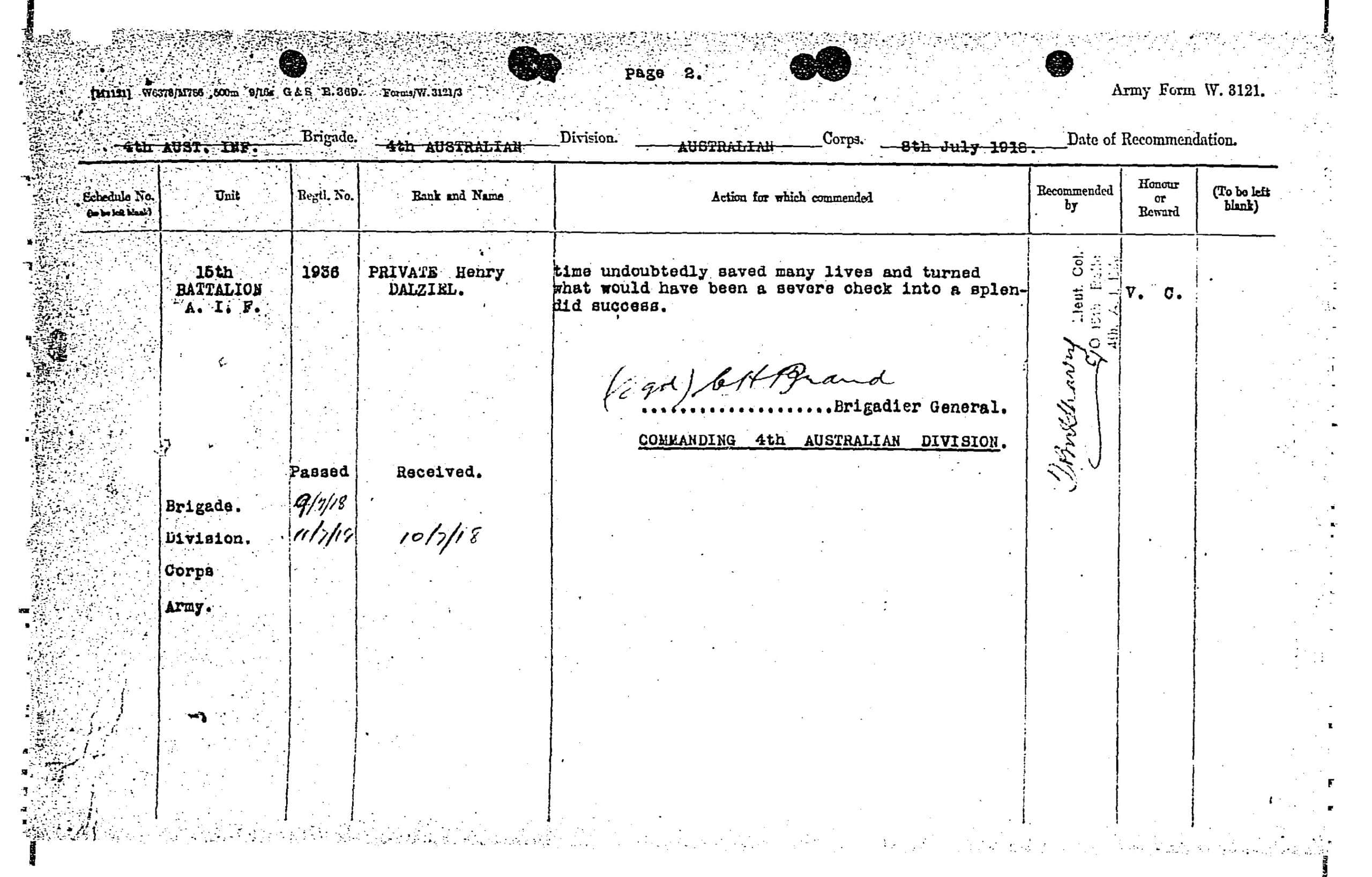 Record of Henry Dalziel from the MyHeritage Military Honour Recommendations and Awards