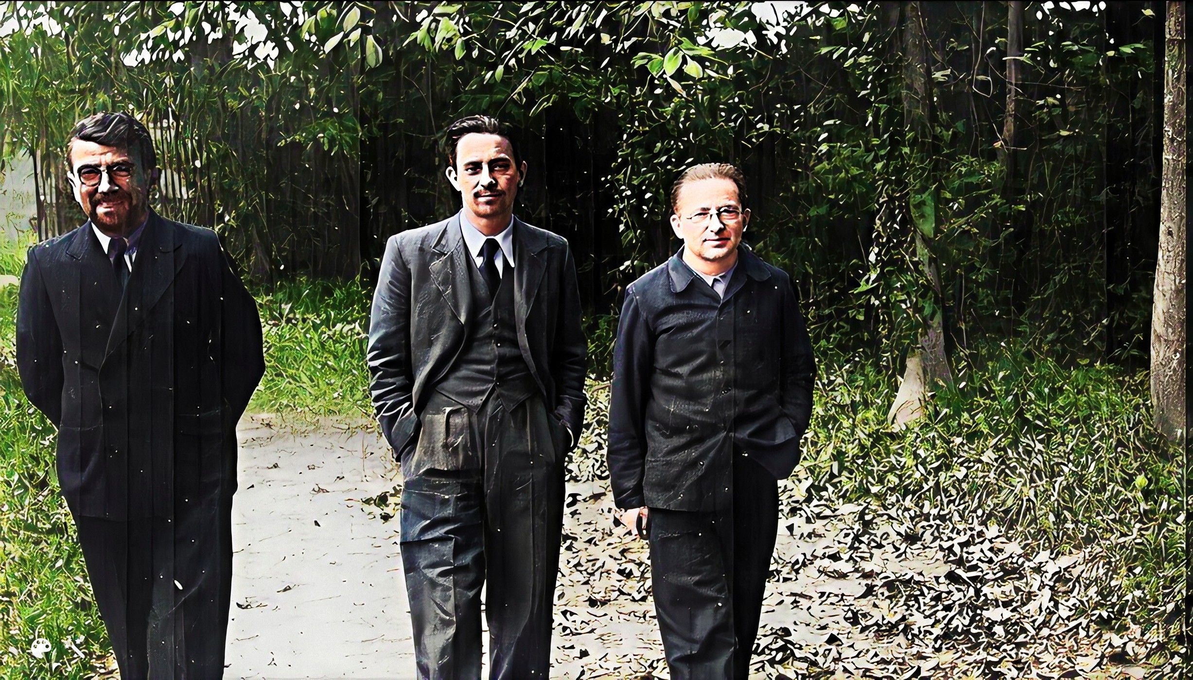 Henryk Zygalski on the right, Jerzy Różycki and Marian Rejewski in the Bruno center near Paris, 1940. Photo enhanced and colorized by MyHeritage