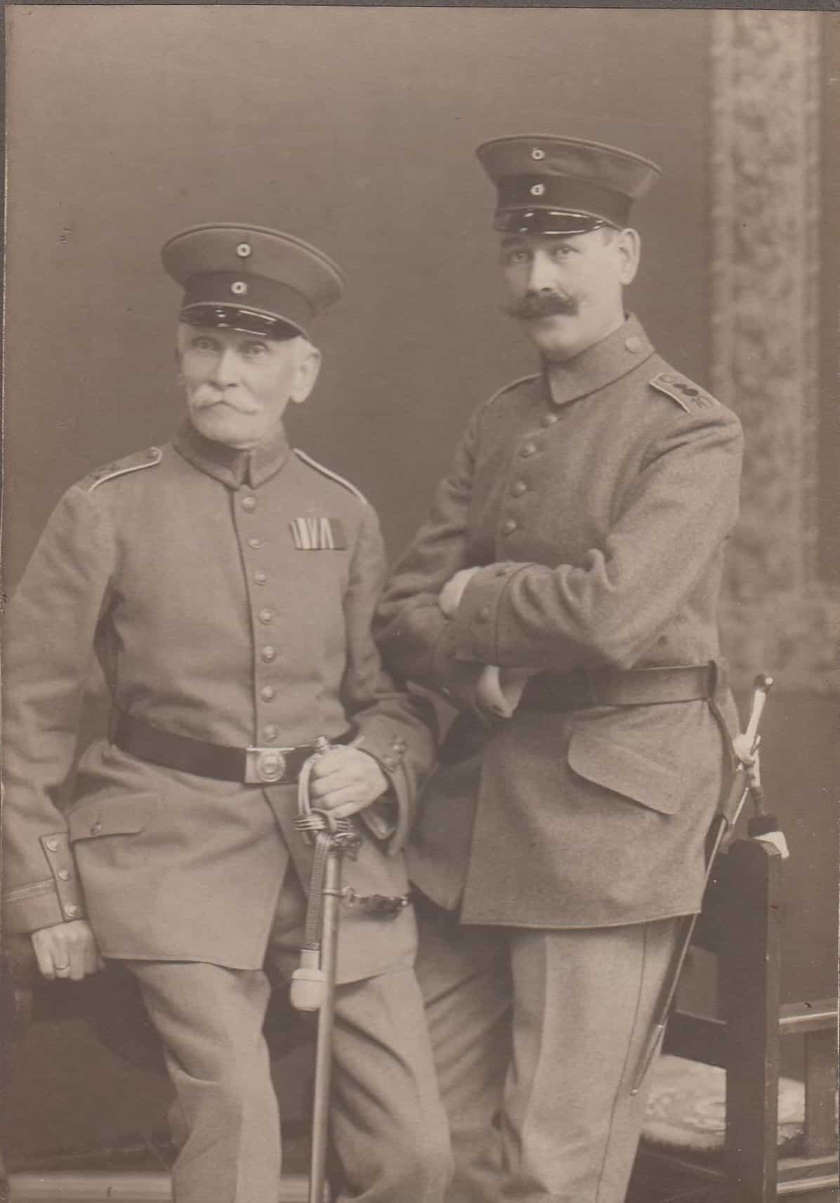 My great-grandfather Hermann Hartmann (left) and great-uncle Franz Hartmann, Hermann’s older brother, circa 1915. Photo improved by MyHeritage.