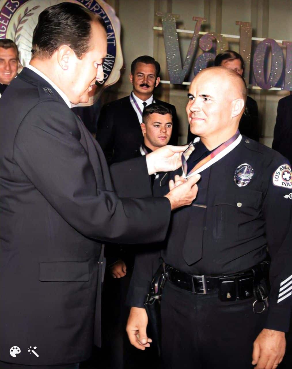 George is awarded the LAPD Medal of Valor. Photo enhanced and colorized by MyHeritage