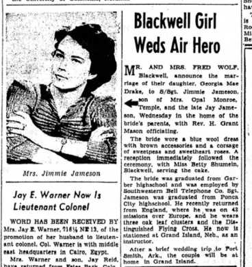 Newspaper clipping reporting Georgia Mae Drake’s marriage to Jimmie Jameson