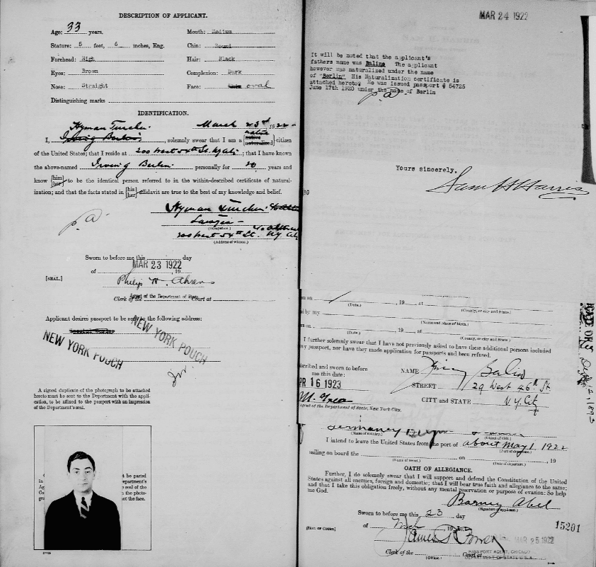Irving Berlin's passport application
