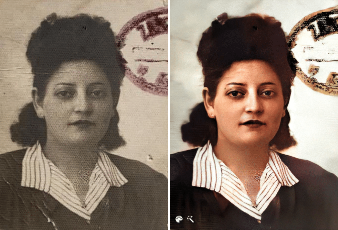 Jadwiga Kejzman, la grand-mère de Karen (Image de droite améliorée et colorisée sur MyHeritage)
