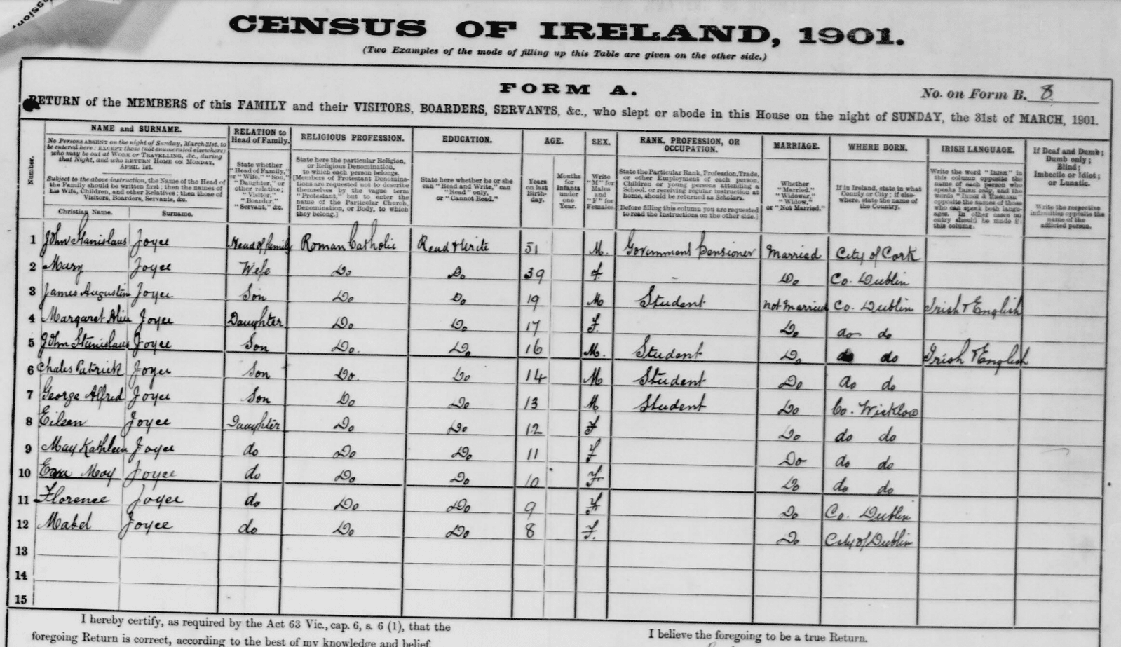 Image of census record of James Joyce [Credit: National Archives of Ireland via MyHeritage]