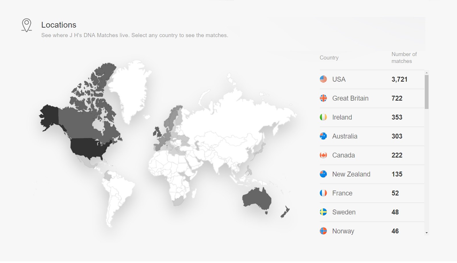  Jamie’s DNA matches are from 39 countries across four different continents