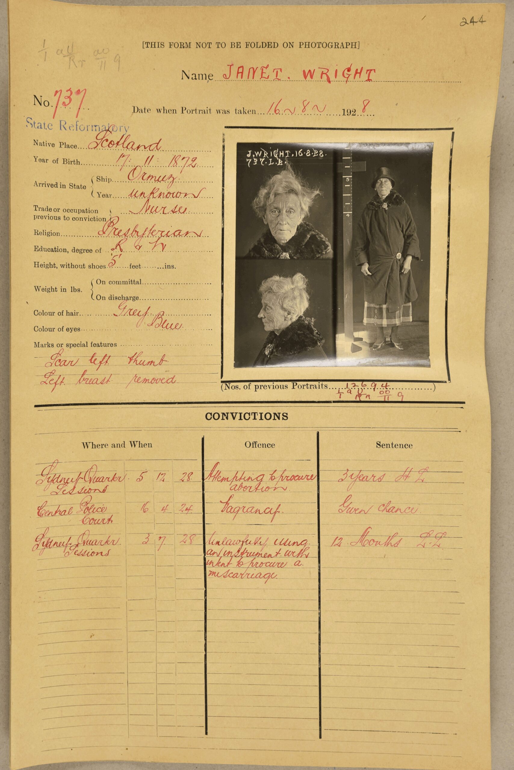 Record of Janet Wright from MyHeritage New South Wales Gaol Inmates & Photos