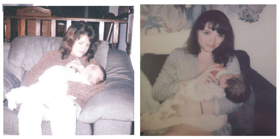 From left, Jessica’s mom and Jessica (1993) and Jessica with her own daughter (2019).