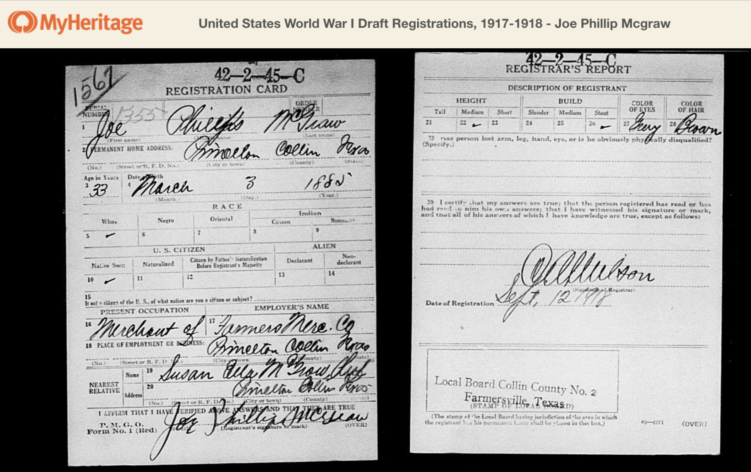 Innkallelseskortet til Første verdenskrig, USA, 1917–1918 — Joe Phillip McGraw