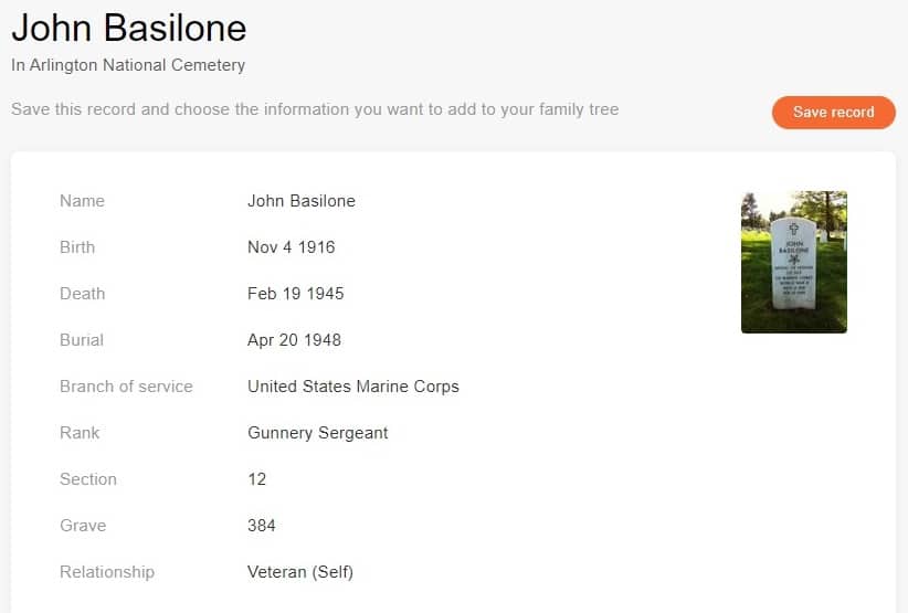Gravstøtten til John Basilone (Kilde: MyHeritage Arlington National Cemetery Collection)
