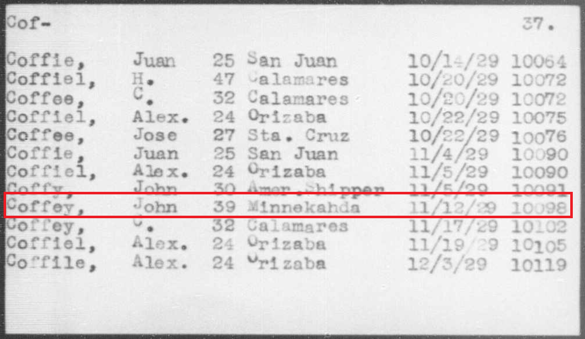 Vermelding voor John Coffey in Haven van New York, index voor ontslagen en gedroste bemanningsleden, 1917-1957 (klik om te vergroten).