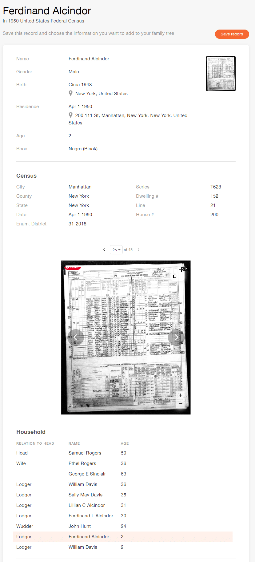 Census Record of Kareem Abdul-Jabbar [Credit: MyHeritage 1950 United States Federal Census]