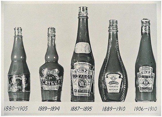 Historical records: Early styles of Heinz Ketchup bottles [Credit: Mercury Press & Media Ltd.]