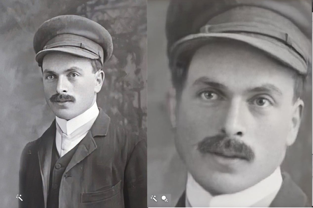 Tros vara Louis Levy (det finns en stark likhet med bekräftade fotografier av Louis syskon). (vänster) Användning av MyHeritages förbättrade fotoalternativ och (höger) en skärmdump av Louis med hjälp av programvaran Deep Nostalgia™.