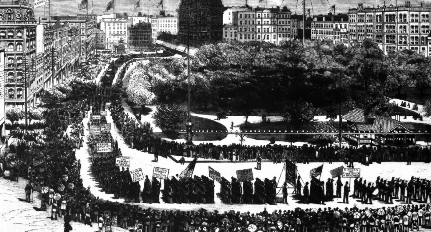 Illustration of the first American Labor parade held in New York City on September 5, 1882 as it appeared in Frank Leslie’s Weekly Illustrated Newspaper’s September 16, 1882 issue.