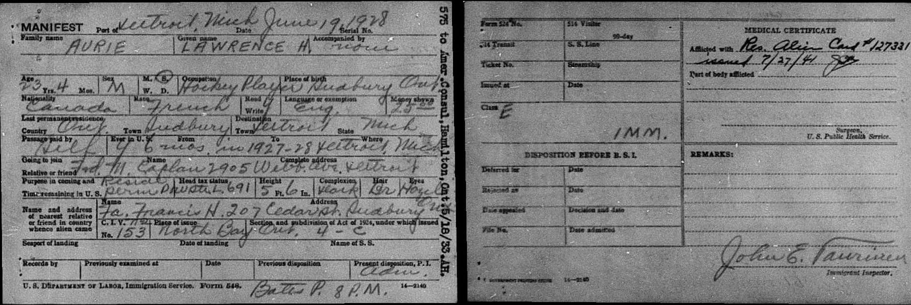Border Crossing Record of Larry Aurie (Kilde: MyHeritage United States, Border Crossings from Canada 1895–1956)