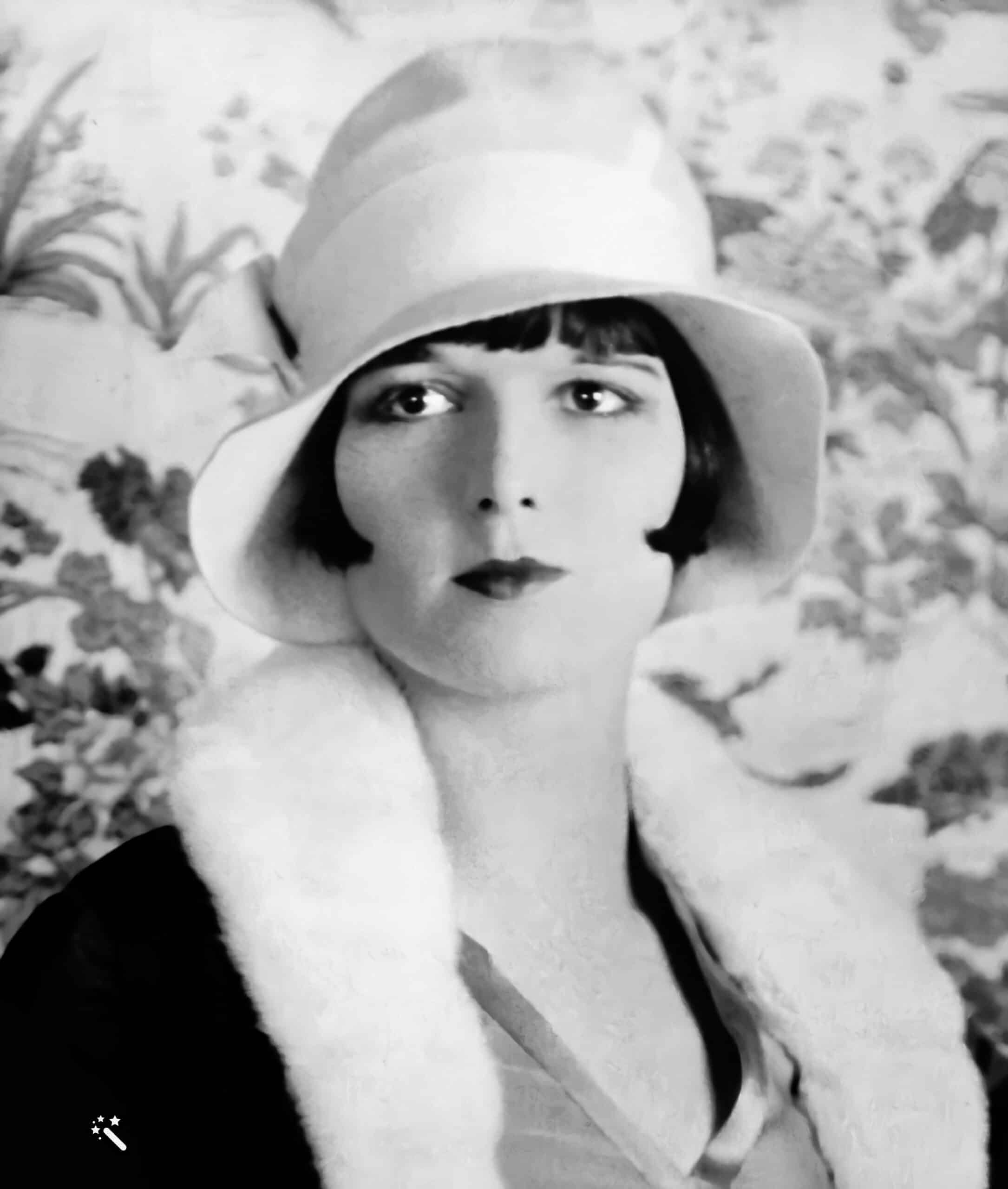 Louise Brooks, an iconic silent film actress known for her bobbed haircut and portrayal of independent, often mischievous characters