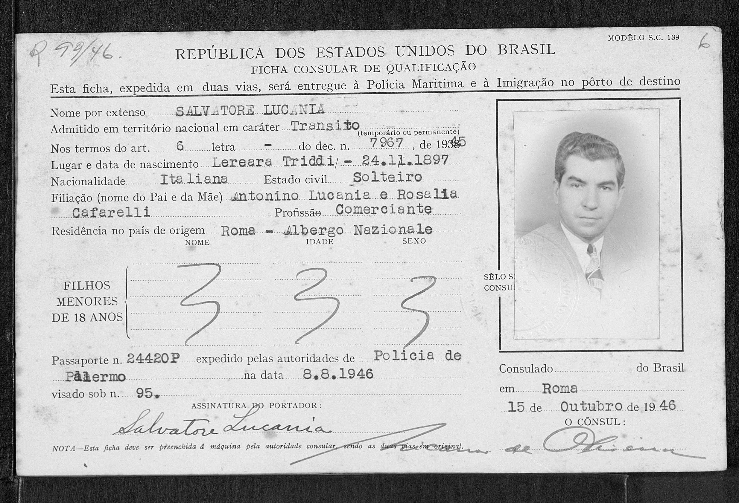 Salvatore Lucania, ankomstdato fra Roma til Brasil: 15. oktober 1946. Kilde: MyHeritage