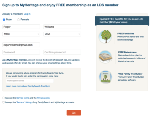 MyHeritage signup page for FamilySearch LDS members