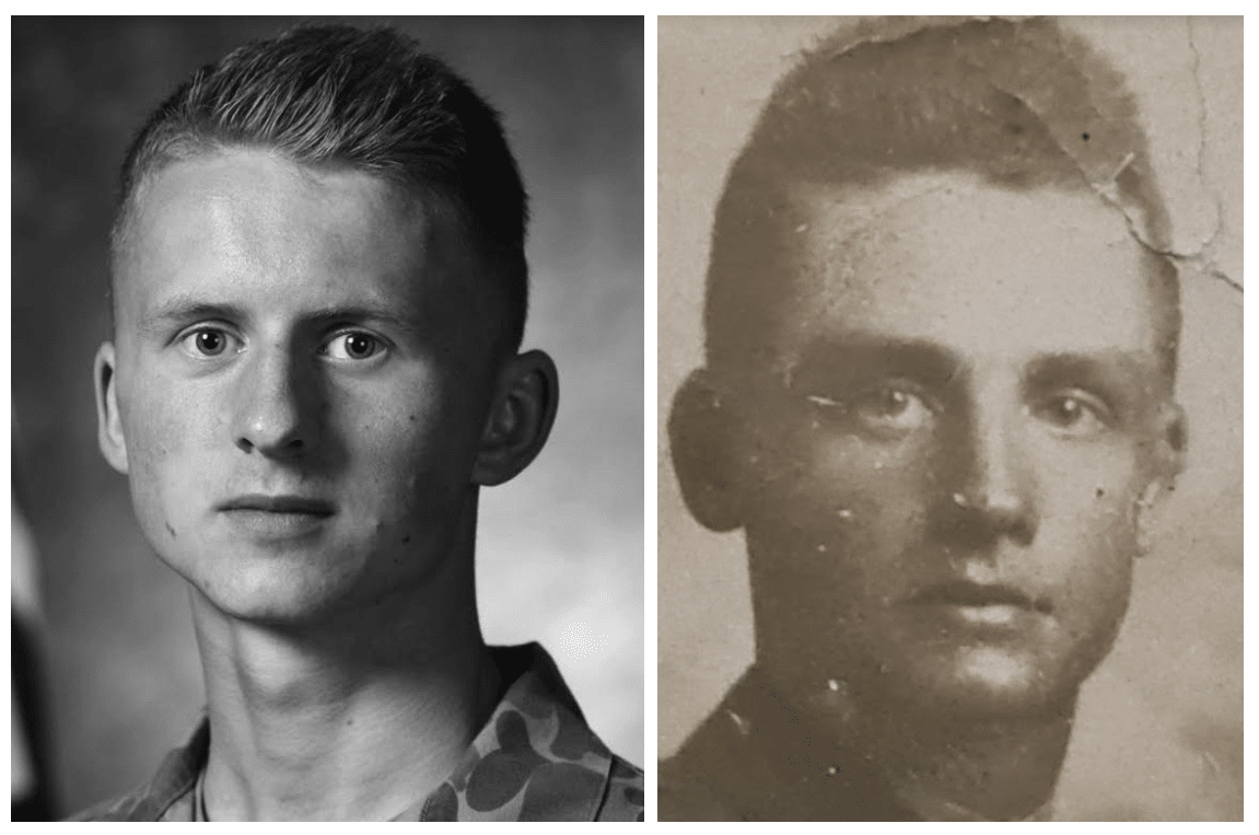 “De rechterfoto is van mijn vader George Chapman, genomen toen hij 18 was aan het begin van de Eerste Wereldoorlog”, schrijft Marian. “Hij is geboren in 1897. De linkerfoto is mijn kleinzoon van 19. Hij is geboren in 1996.”