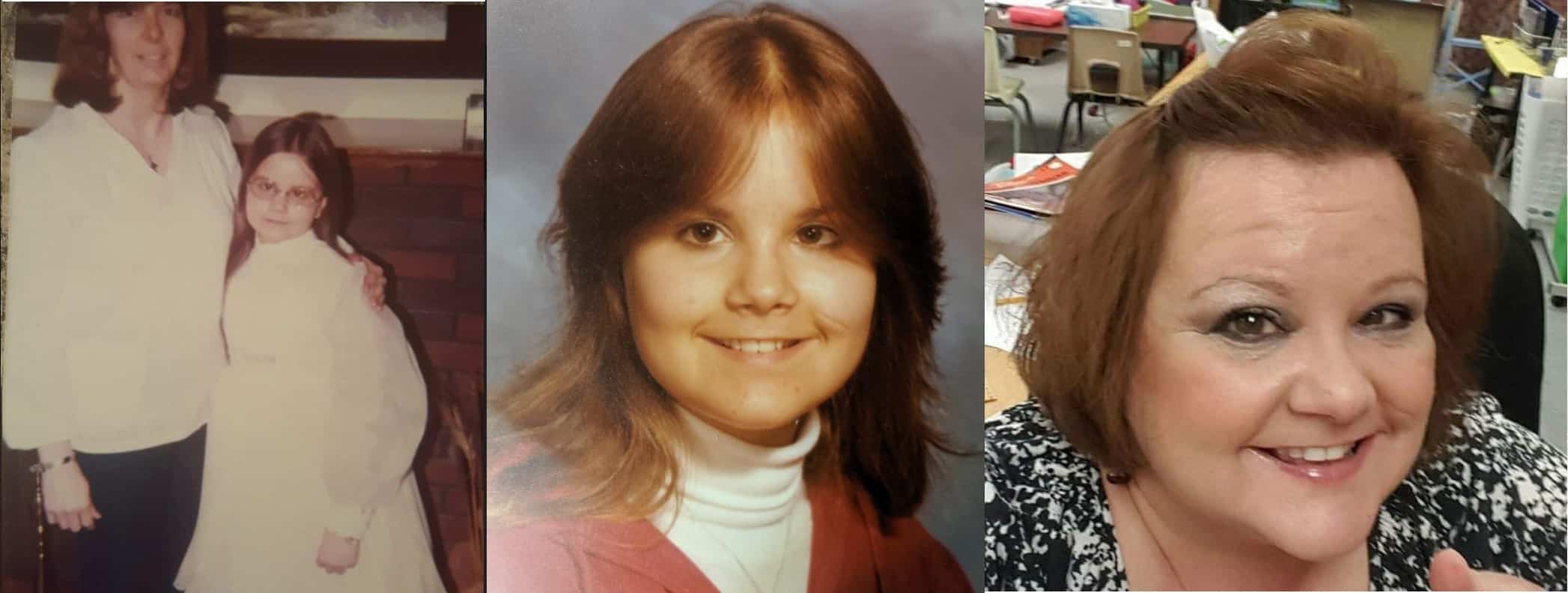 From Left, Mary with her adoptive mother, in 8th grade and today