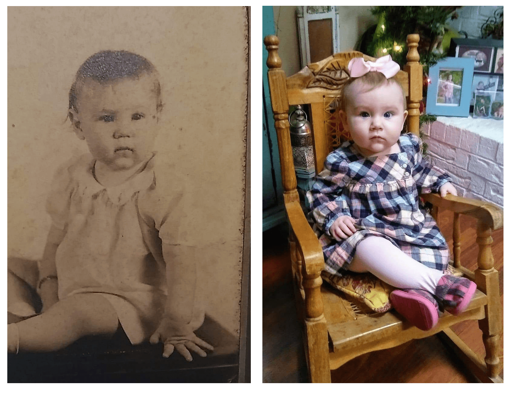 Från vänster, Megans gammelmormor May Ballard Germer född 1934 och hennes efterkommande, Rhiannon Baker född 2018.