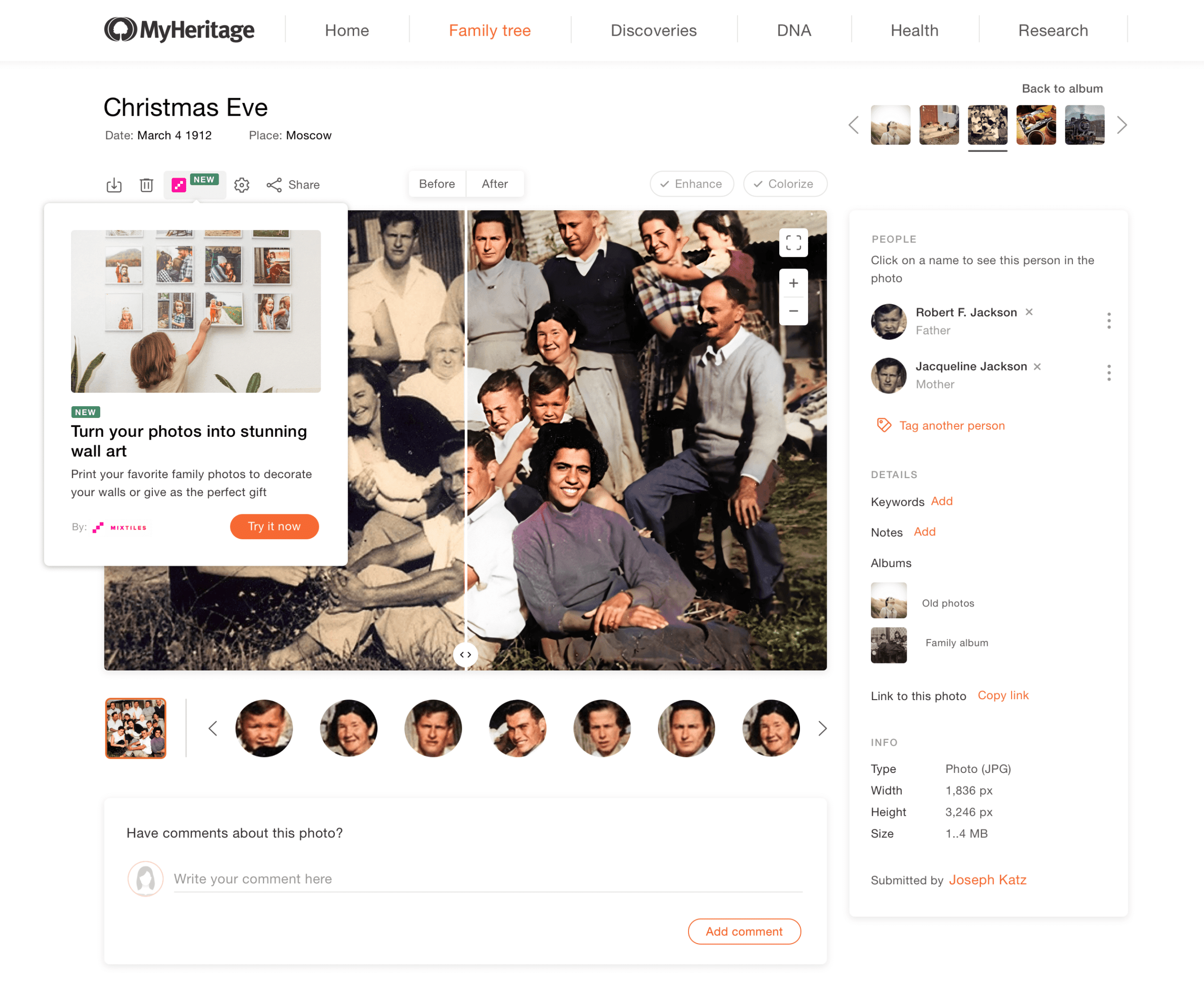Pedir Mixtiles a través de la página de fotos de MyHeritage<br />(haz clic en el botón de color fucsia en la esquina superior izquierda)