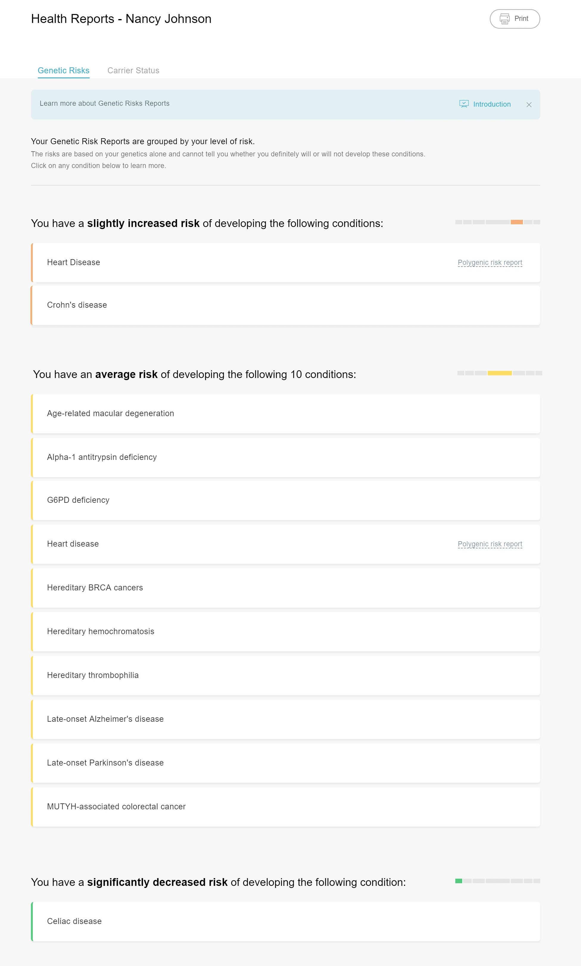 A sample genetic risk overview page