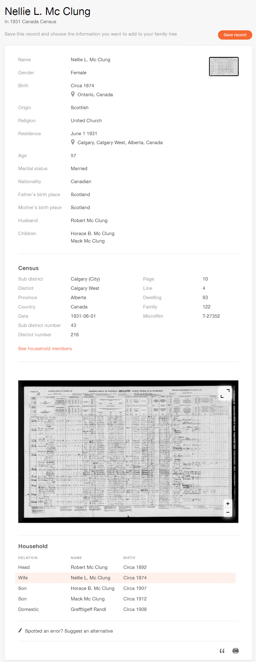 Record for Nellie L. McClung in the 1931 Canada Census collection on MyHeritage