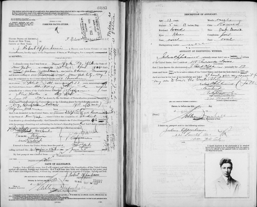 Reisepassantrag von J. Robert Oppenheimer aus dem Jahr 1921 aus der Sammlung der U.S. Passport applications auf MyHeritage