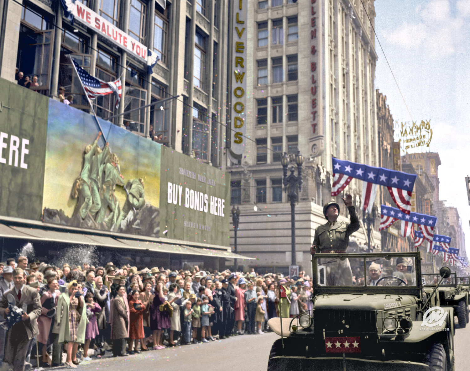 General George S. Patton, acknowledging the cheers of the welcoming crowds in Los Angeles, CA, during his visit on June 9, 1945. (Source: National Archives and Records Administration)