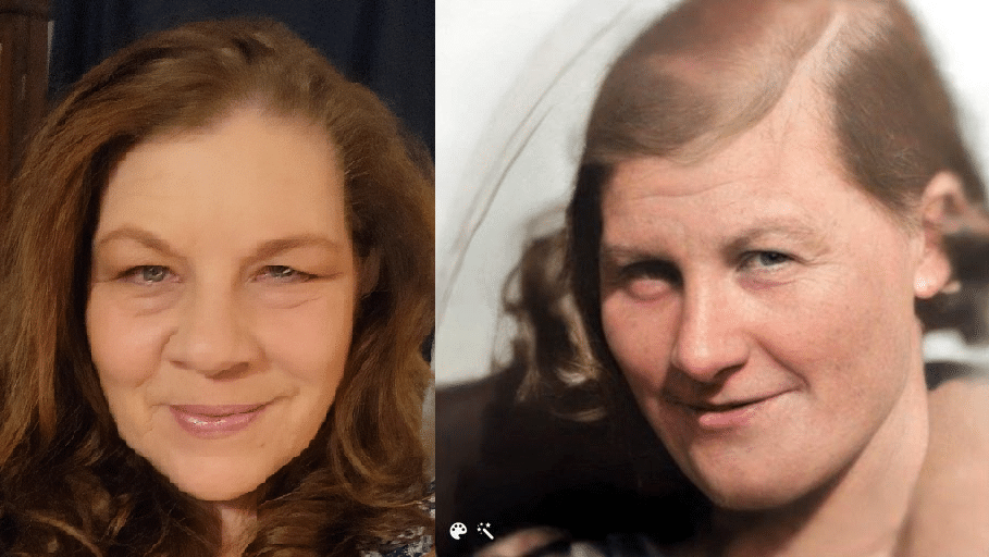Patty (vänster) och hennes farmor (höger, färglagt och förbättrat av MyHeritage)
