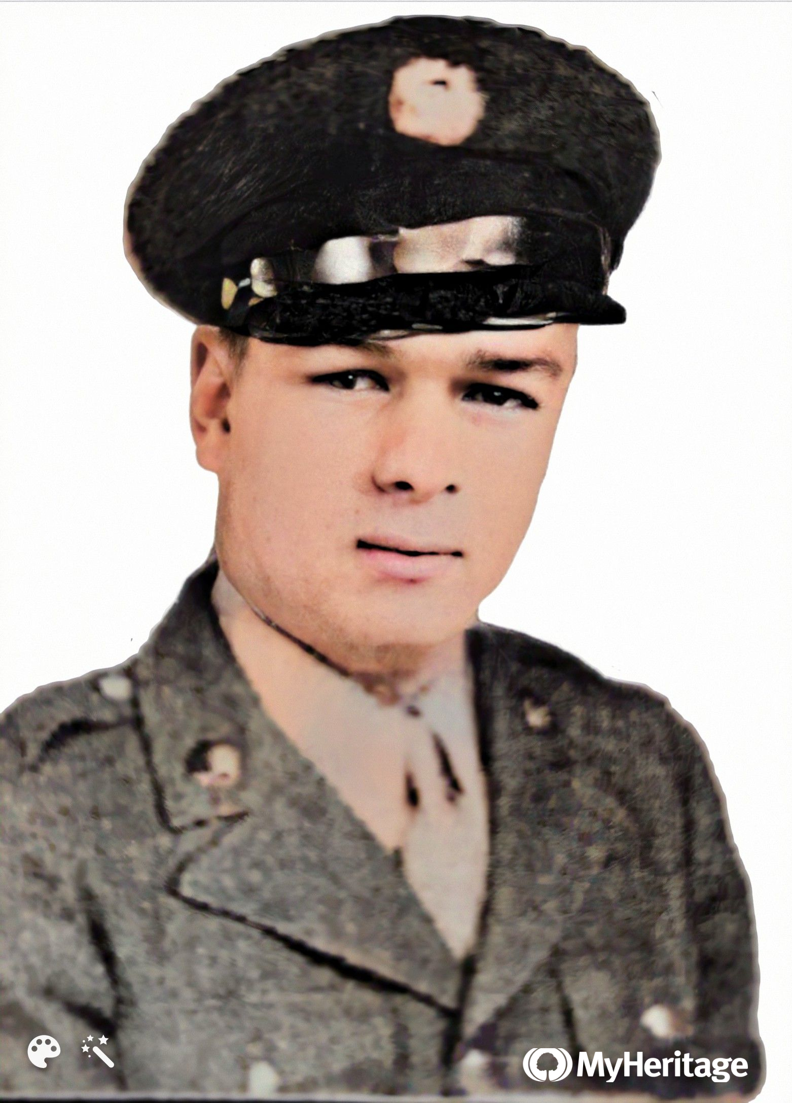 Paul T. Stevens. Killed on June 19, 1944 in the Battle of Normandy, he is buried in the American cemetery of Colleville-Sur-Mer. Photo enhanced and colorized by MyHeritage