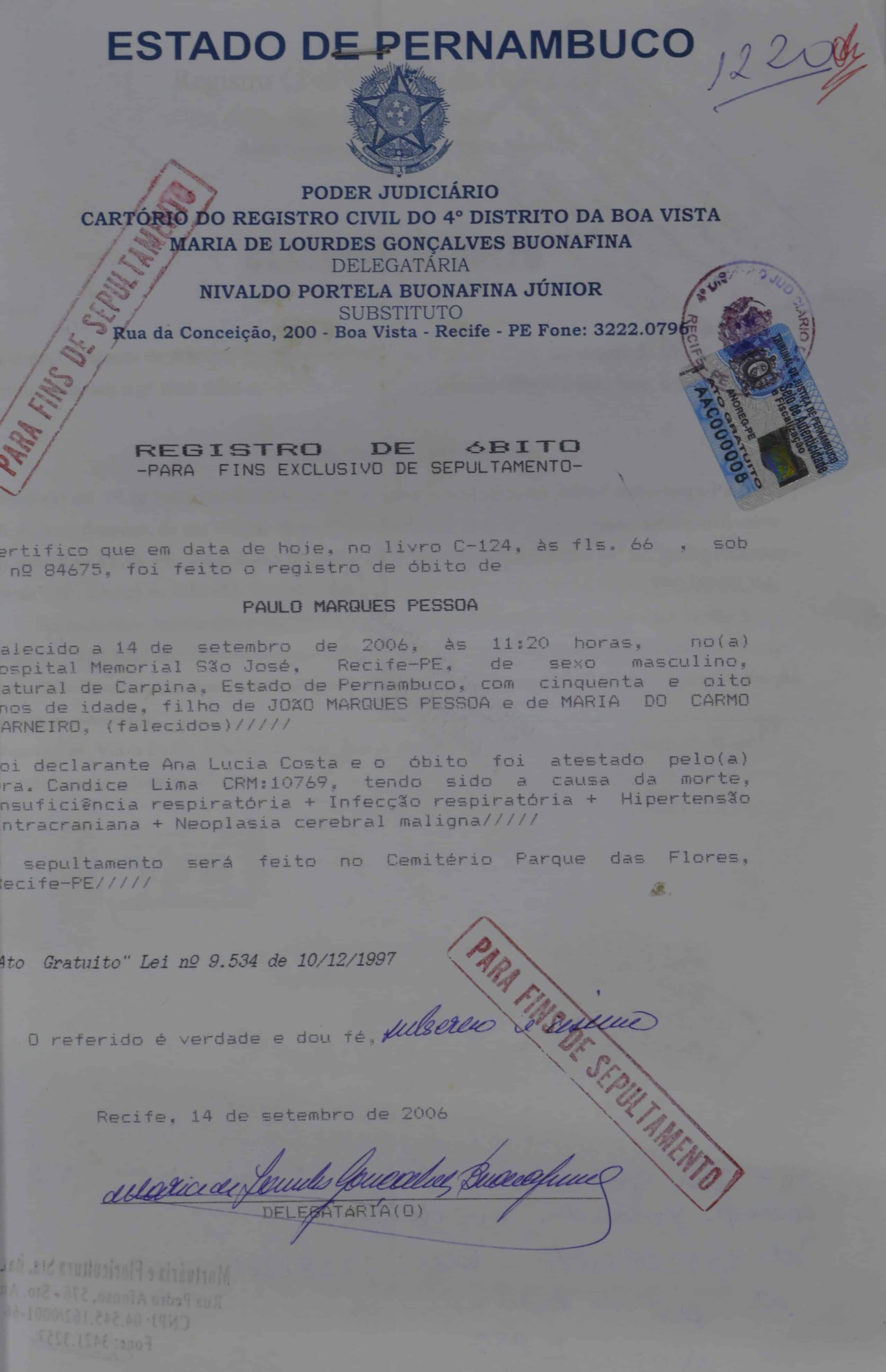 Death Certificate of Paulo Marques Pessoa, Brazil, Pernambuco Deaths, 1930–2017