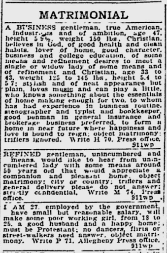 Personal ads in The Pittsburgh Press, September 11, 1921, from the MyHeritage newspaper collections