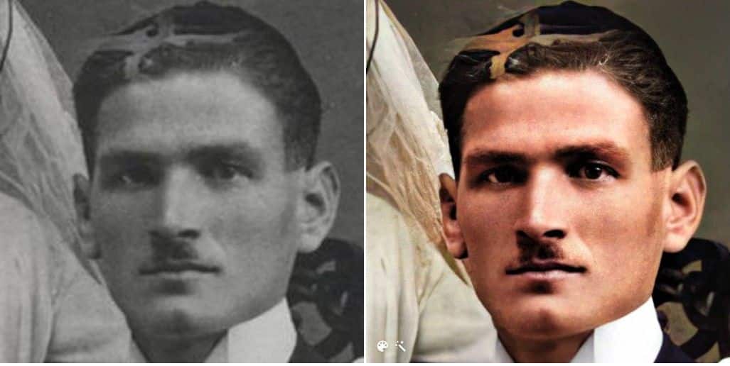 Technologia MyHeritage Ulepszanie zdjęć zwiększa rozdzielczość twarzy i wyostrza je. Po lewej: Przed. Po prawej: Po