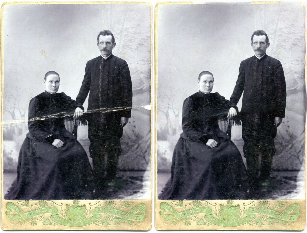 Um exemplo de Reparo de Foto. Antes (à esquerda) e depois do Reparo de Foto (à direita). As dobras e manchas desapareceram!