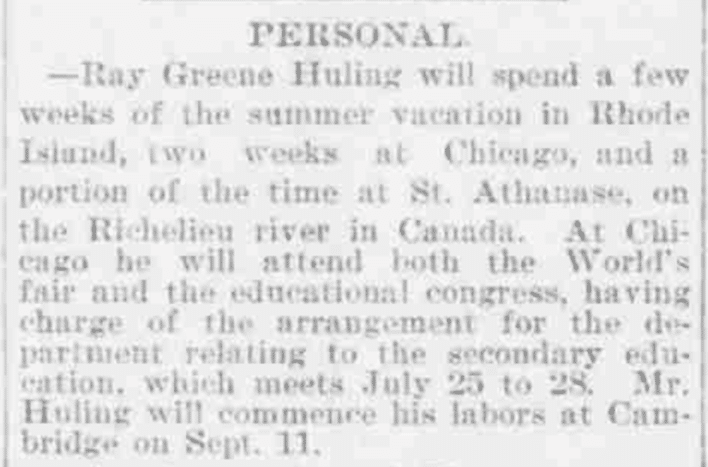 “Personal, Ray Green Huling”, artigo de jornal, The Evening Standard (New Bedford, Massachusetts), 28 de junho de 1893, p. 2, col. 4.
