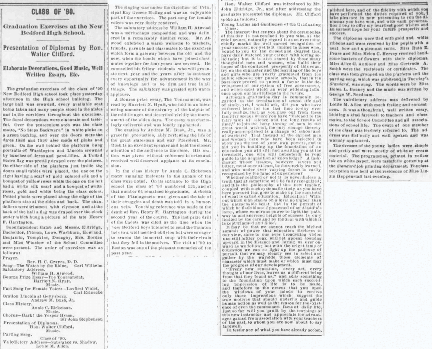 Class of ‘90,” newspaper article, The Evening Standard (New Bedford, Massachusetts), 28 June 1890, p. 2, col. 6.