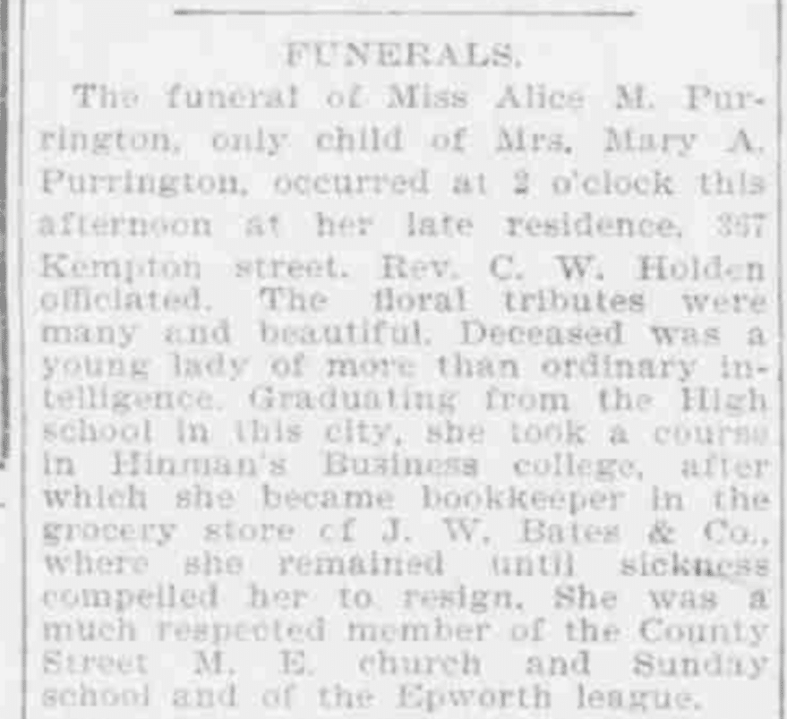 „Funerals, Miss Alice M. Purrington”, nekrolog, The Evening Standard (New Bedford, Massachusetts), 6 grudnia 1894, s. 2, kol. 2.