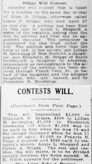 „Briggs Will Contest”, artykuł prasowy, The Evening Standard (New Bedford, Massachusetts), 28 lipca 1915, s. 1, kol. 8