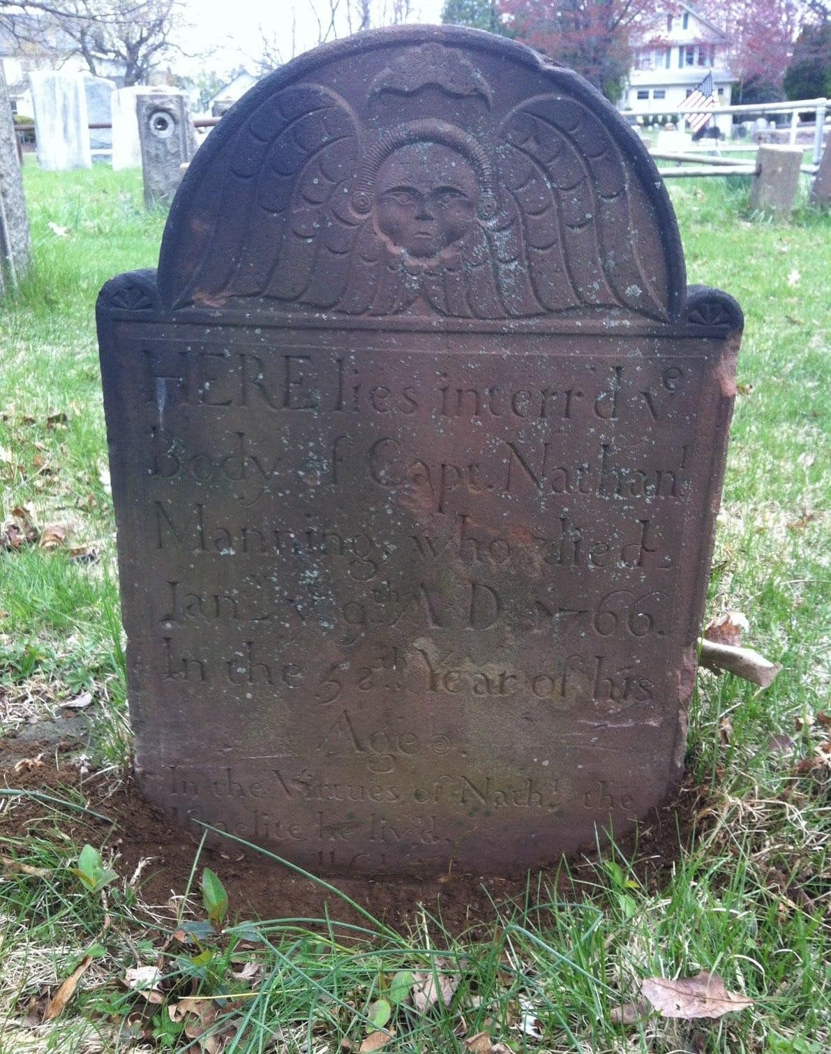 A tombstone from 1766 in the Piscatawaytown Burial Ground