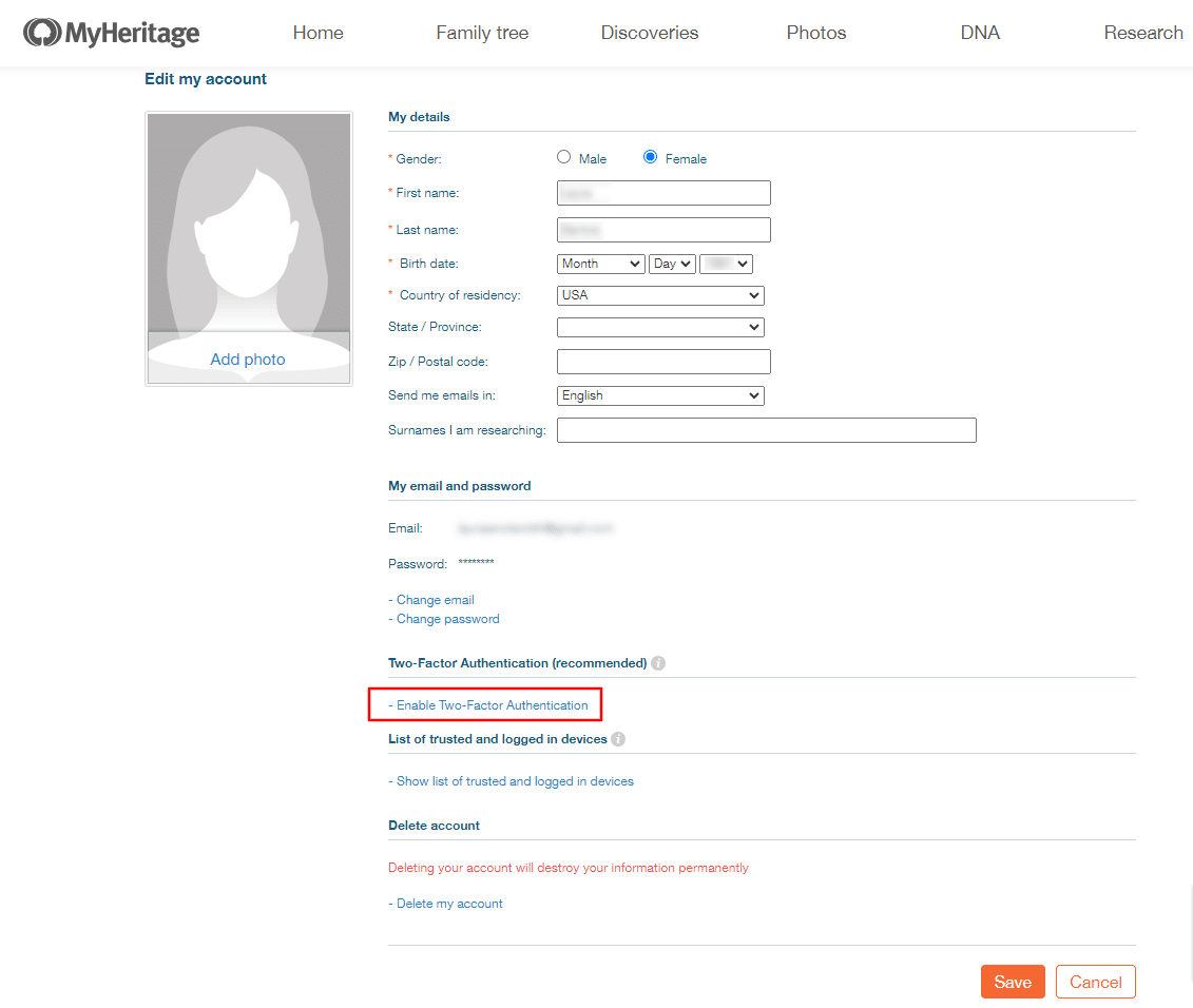 Enabling Two-Factor Authentication on your MyHeritage account (click to zoom)