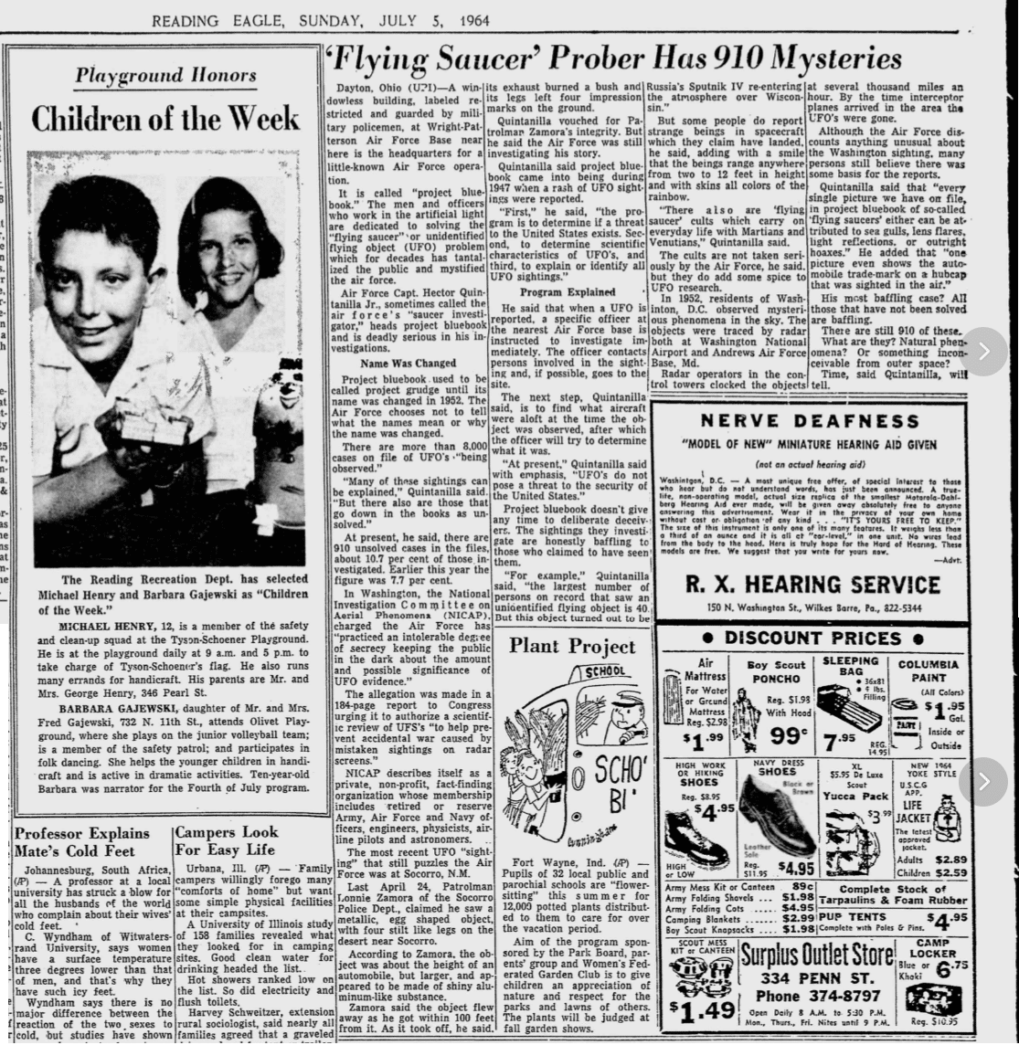 Article in the Reading Eagle, July 1964, about UFO sighting investigations by Project Blue Book from the MyHeritage newspaper collection 