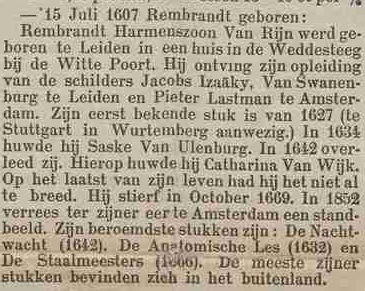 Historical records: Short Biography of Rembrandt in the Rotterdamsch Nieuwsblad, July 17, 1893