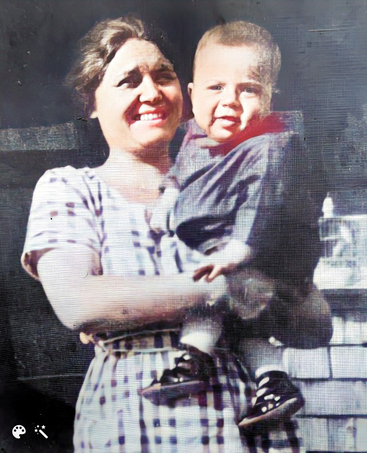 Richard as a baby with Aimee Cundy, 1921. Photo enhanced and colorized by MyHeritage
