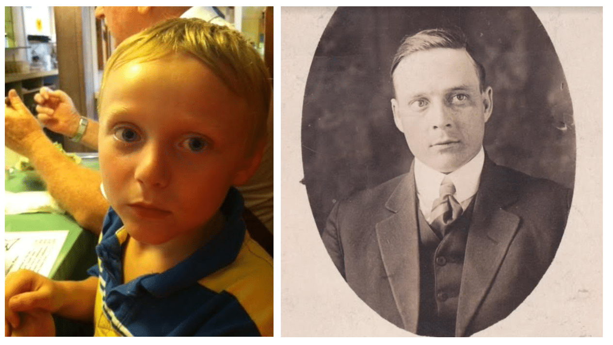 Het kind is Rita’s kleinzoon MJ, en de man is Basil Harrison McGuire (1880-1940), de grootvader van moeders kant van Rita’s echtgenoot: de betovergrootvader van MJ.