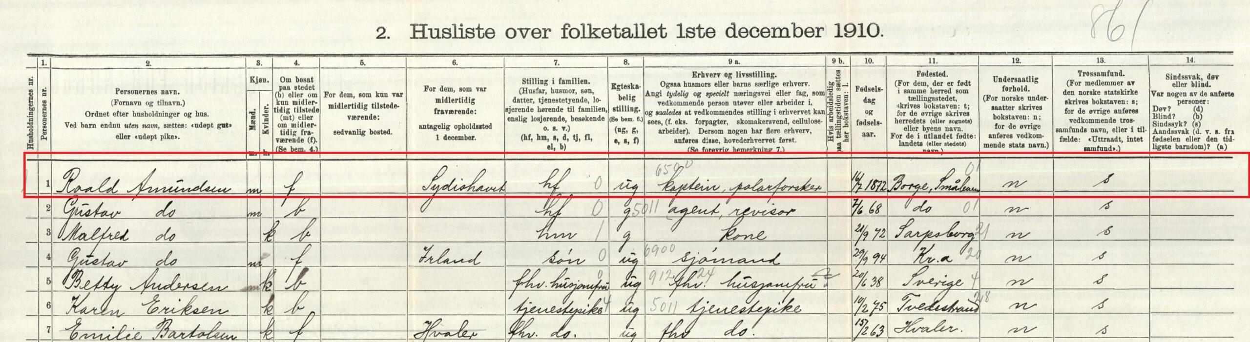 Record of Roald Amudsen in the 1910 Norway Census collection on MyHeritage