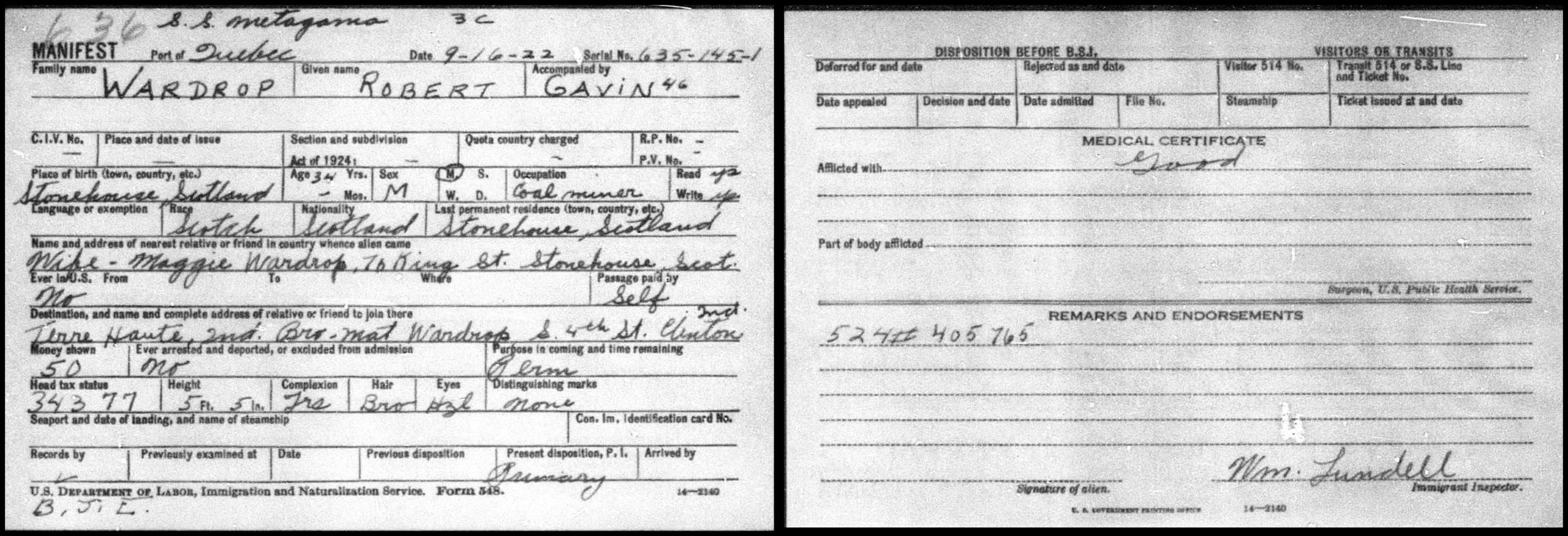 Border Crossing Record of Robert Wardrop [Credit: MyHeritage United States, Border Crossings from Canada 1895–1956]